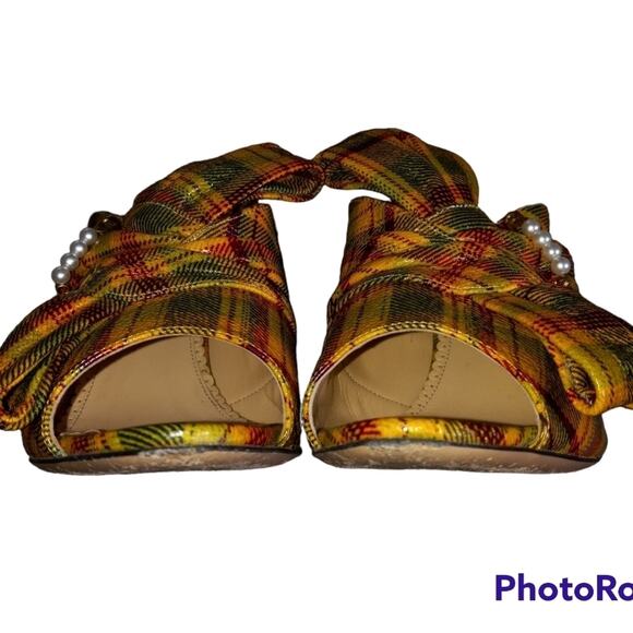 Charlotte Olympia Yellow Plaid and Pearl Bow Front Leather Stacked Heel Mules - Picture 6 of 6